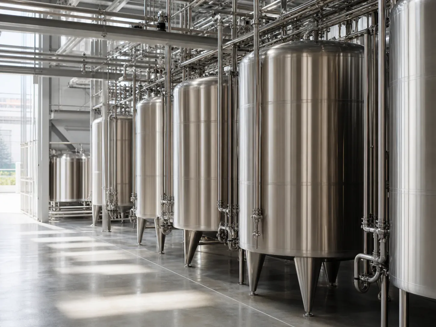 Stainless steel chemical storage tanks in an industrial facility