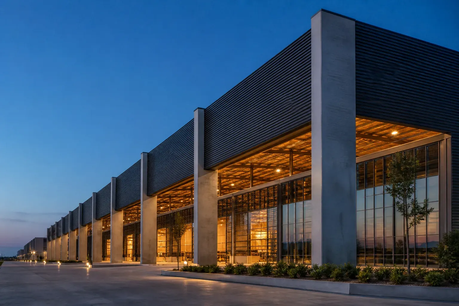 Modern industrial facility exterior at dusk